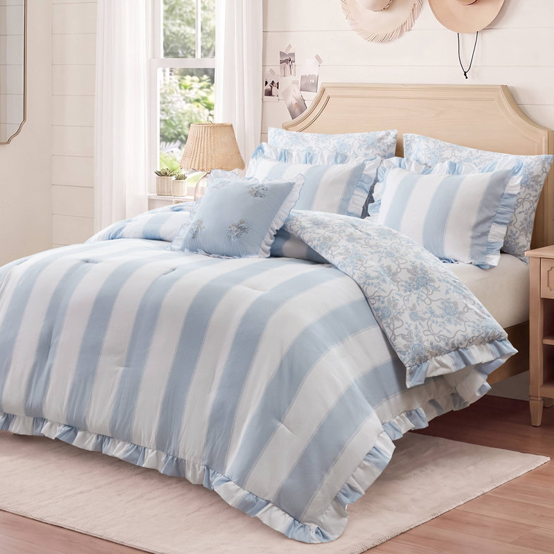 Ensemble de literie bleu pour lit double et queen, couette à volants en microfibre pour chambre à coucher