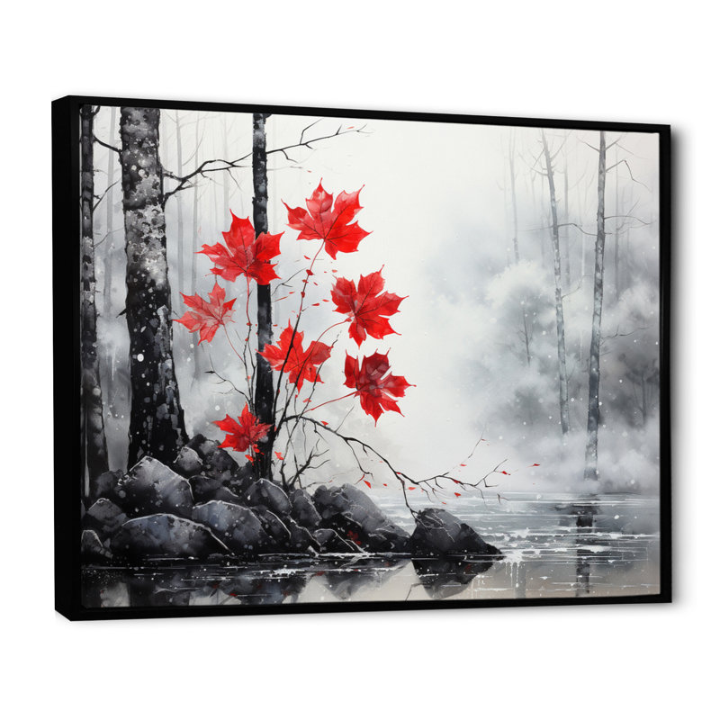 Bianchina, forêt monochrome rouge minimaliste II - forêt, art mural, H 16 po x l 32 po x P 1 po, Cadre flottant noir