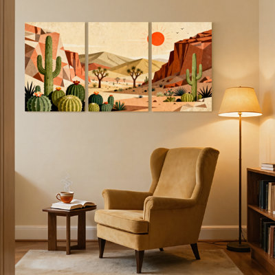 Paysage et nature, paysage désertique avec cactus et montagnes, ensemble de 3 impressions sur toile