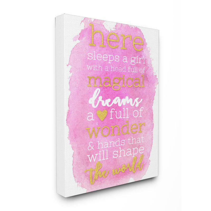 «Here Sleep a Girl», impression sur toile tendue surdimensionnée rose et dorée, H 20 po x l 16 po x P 1,5 po