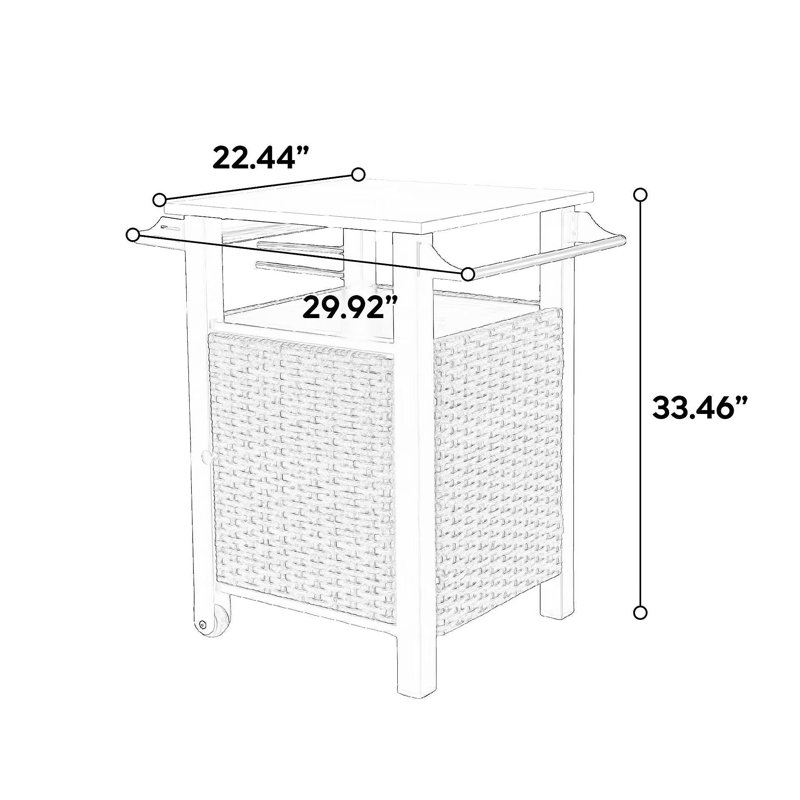 Single Door Bar Cart,Outdoor Kitchen Wicker Island Rolling Cart & Storage Cabinet, Wheels And Stainless Steel Extended Table Top, Side Handle For Patio Kitchen Or Bar Cart, Brown