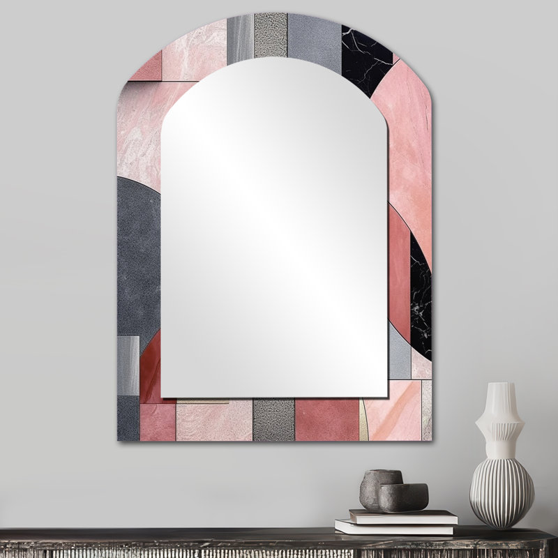 Pink Transcendent Angles II - Abstract Shapes Arch Wall Mirror, Modern Asymmetrical Decorative Mirror, Printed Metal Art