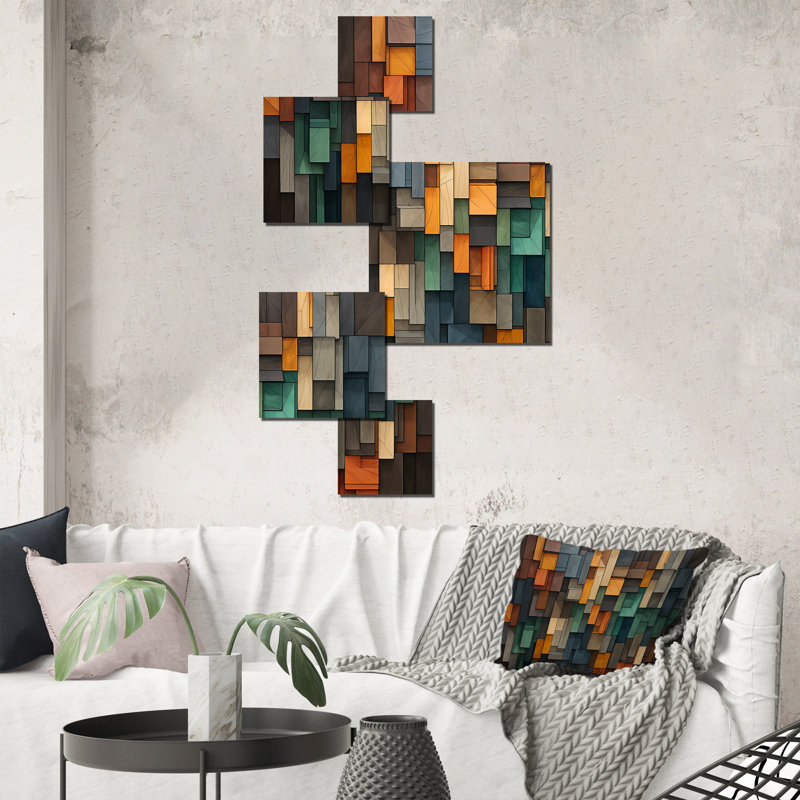 «Green» et «Yellow Mosaic Cubes Rain», ensemble de 5 tuiles murales abstraites