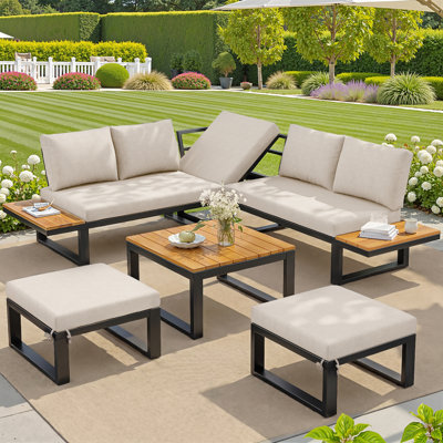 6-Piece Outdoor Lounge Set, L-Shaped Sofa With Coffee Table & Cushions