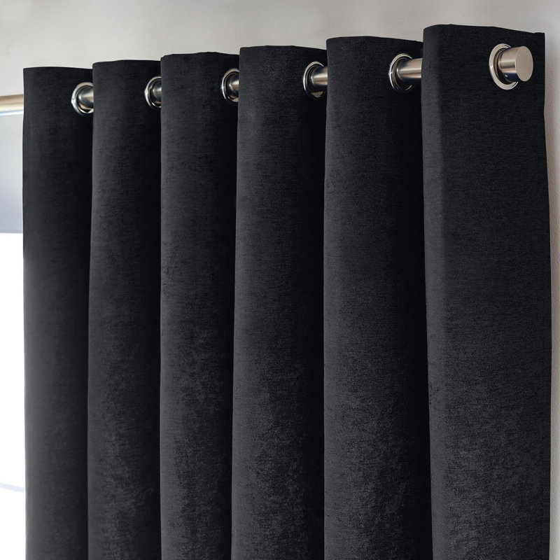 Eilfried Chenille Ring Top Eyelet Curtains, Black, 168cm Width x 229cm Drop
