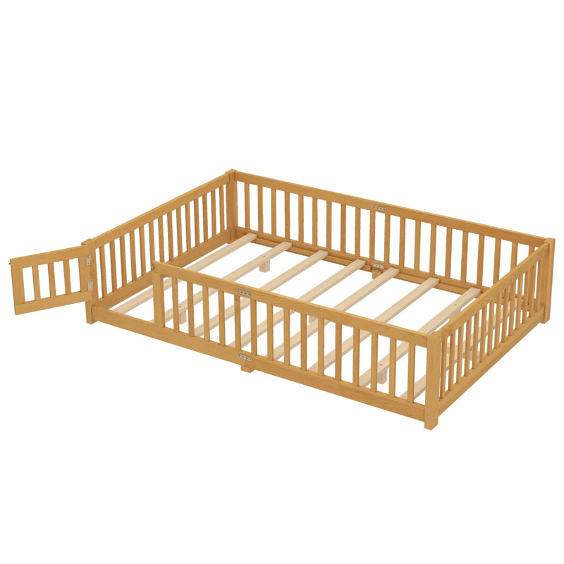 Queen Floor Bed With Safety Guardrails For Kids,montessori Floor Bed With Slats And Convertible Door, Queen Size Bed Frame For Girls And Boys,no Box Spring Needed