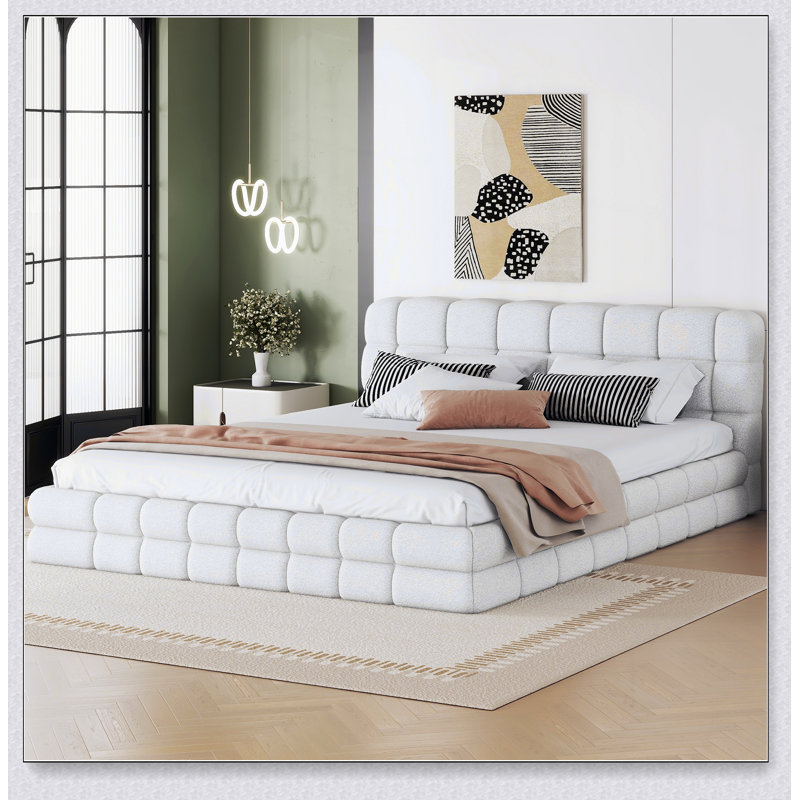 Queen Upholstered Platform Bed, White