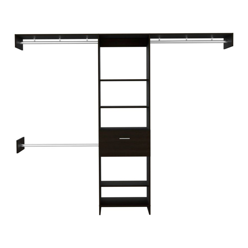 Manchester 250 Closet System with 5 Open Shelves, 1 Drawer, and 3 Metal Rods, Black