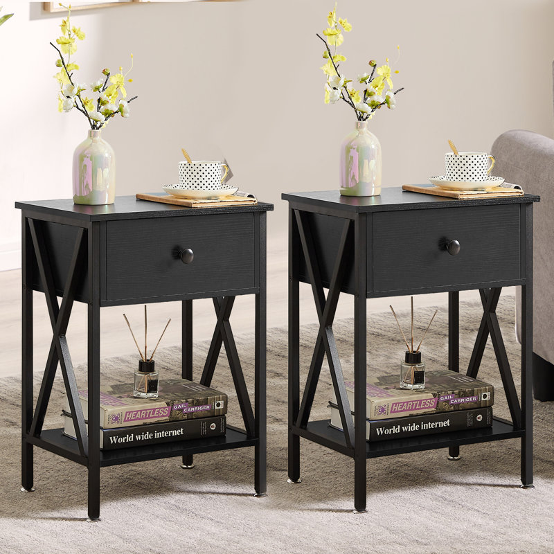 Alameen 22" Tall Nightstand, End Side Tables with Storage Drawer and Open Wood Shelf for Bedroom, Black