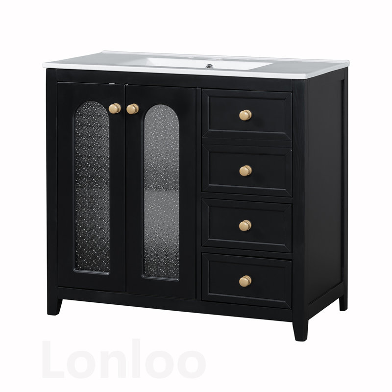 Meuble-lavabo élégant avec portes à fermeture en douceur, tablettes réglables et tiroirs pour un grand rangement, Noir