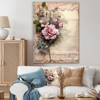 " Pink Rose Rustic Bouquet Vintage Lace Illustration "