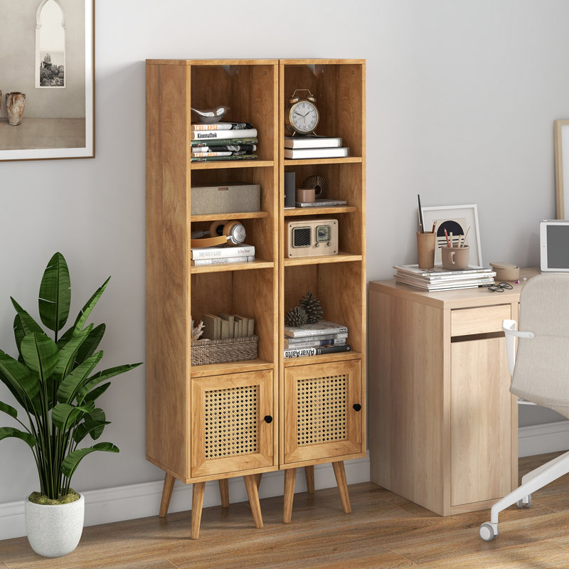 Slim Tall Rattan Storage Cabinet Boho Accent Bookshelf w/ Rattan Door 12-Position Adjustable Shelf, Natural