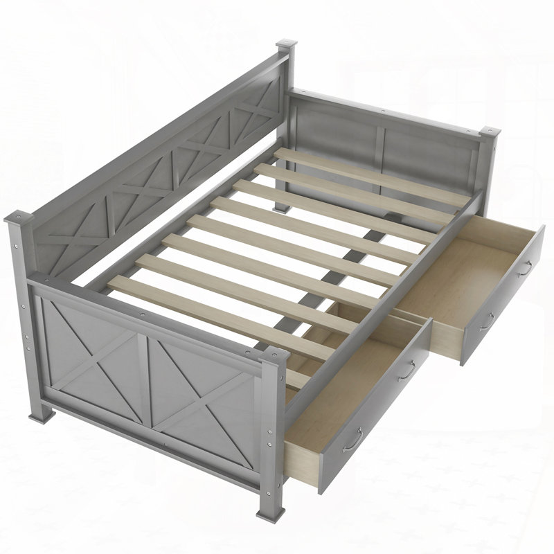 Lit de jour simple avec 2 grands tiroirs, structure en X, lit de jour moderne et rustique, Gris