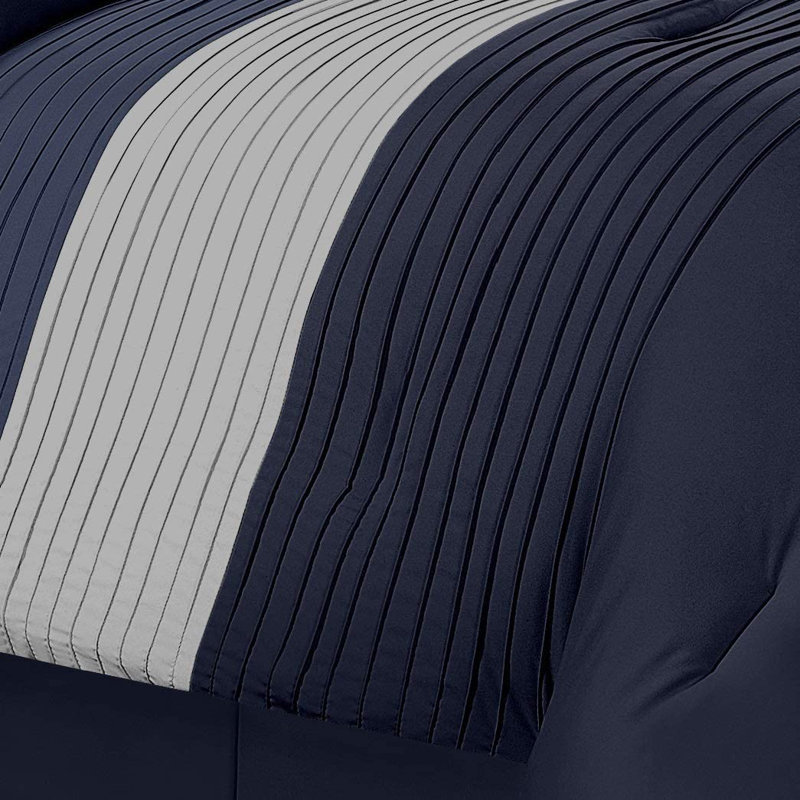 Loft 8-Piece Pleated Stripe Microfiber Comforter Set, Queen Comforter + 2 Standard Shams, Navy