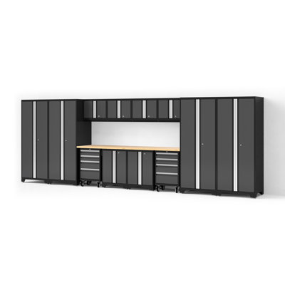 Bold XL Series Gray 14 Piece Garage Cabinets Set With Tool, Base, Wall Cabinets, Bamboo Worktop And 30 In. Lockers