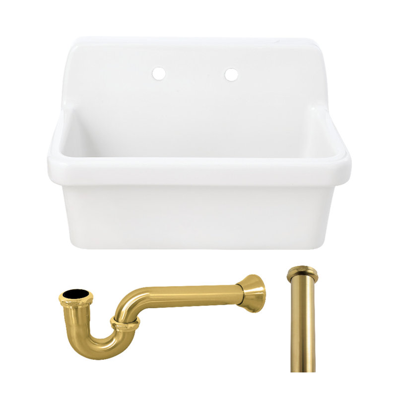 Kingston Brass Doriteal 30" Ceramic Single Bowl Wall Mount Kitchen Sink With Strainer, Brushed Brass