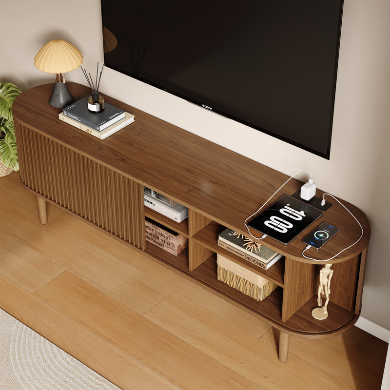 Mid-Century Modern Fluted Oval TV Stand With Built-In Power Outlet To Fit TVs up to 75", 7.88''H x 70.08''L x 15.75''W