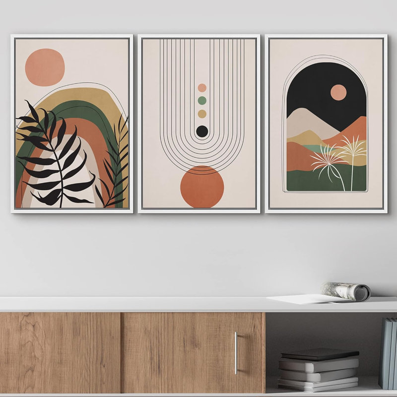 Bohemian-style Plants " Boho Mid-Century Geometric Desert Plant Landscape Abstract Illustrations Modern Bohemian Decor " 3 - Pieces