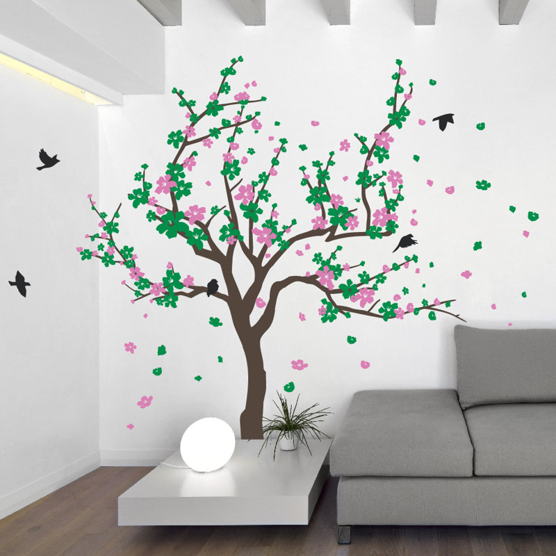 Adhésif décoratif cerisier japonais, Vert et rose, H 38 x l 59 po x P 0,01 po