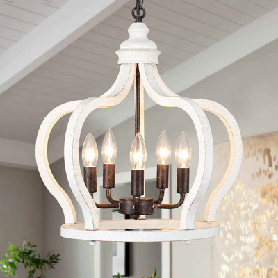 Andelain 5 - Light 17"W Dimmable Candle Style Geometric Chandelier with Distressed Wood Accents