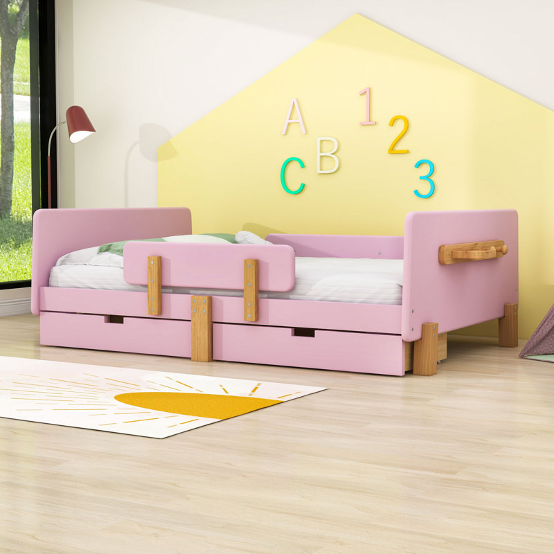 Lit plateforme en bois avec 2 tiroirs et crochets, Lit double, Rose