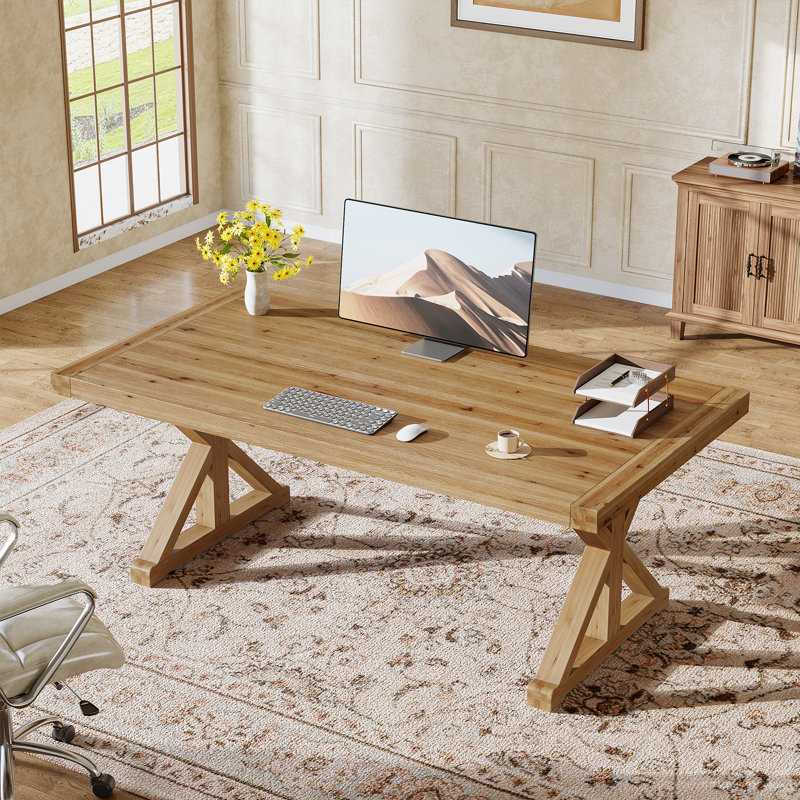 63" Solid Wood Computer Desk, Long Executive Desk for Office, Brown