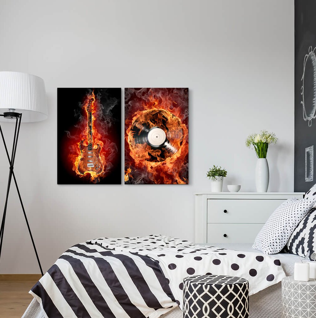 2-tlg. Leinwandbilder-Set - Grafikdruck „Electric Guitar Flamen Fire Hot Heavy Metal Record”