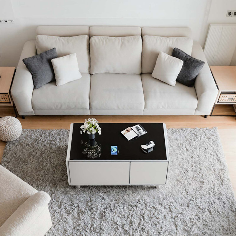 Table basse Modern Smart avec réfrigérateur intégré, Blanc/Noir, H 18,23 po x L 41,54 po x l 23,03 po