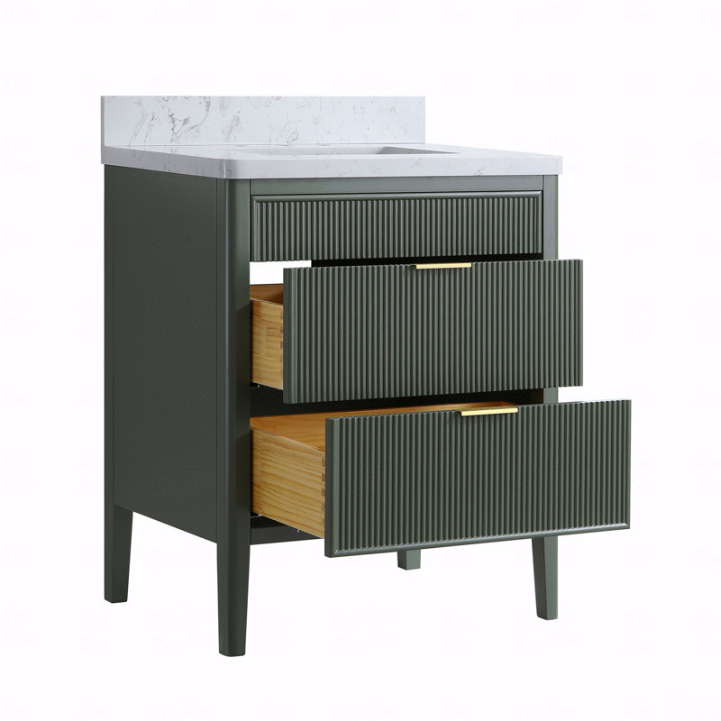 Meuble-lavabo autoportant à simple cuve en bois massif avec plateau en marbre d'ingénierie, Vert, 30"
