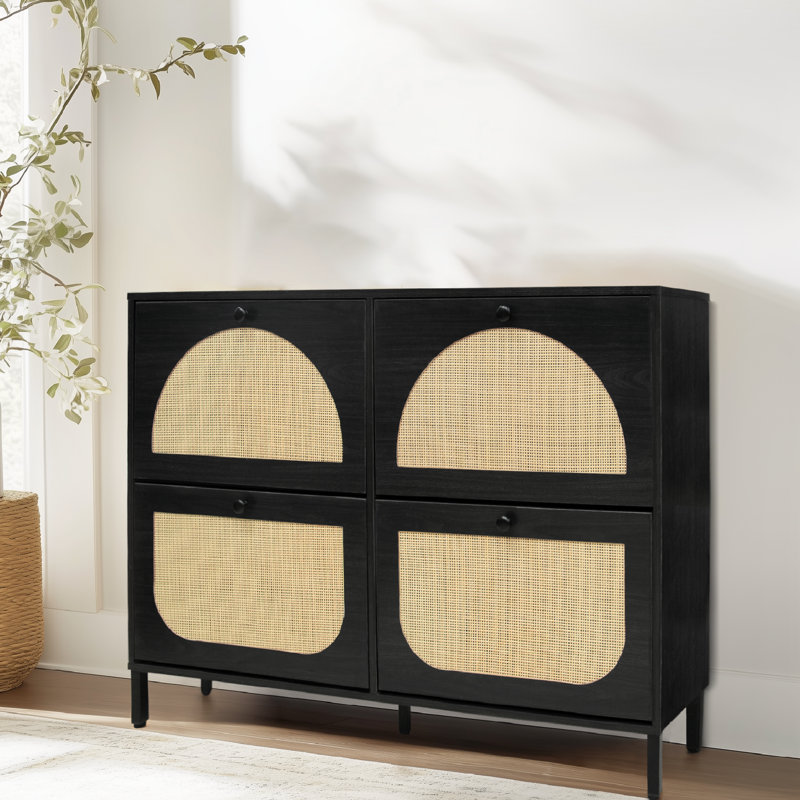 Dalanna 24 Pair Walnut Shoe Storage Cabinet with 4 Flip Drawers, Black