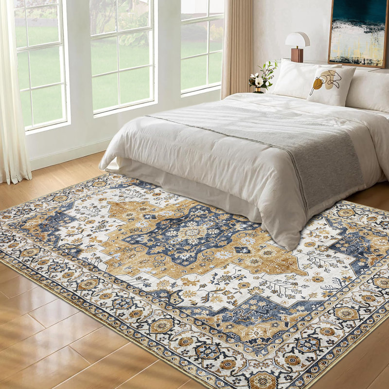 Vintage Machine Washable Rug for Living Room Bedroom Oriental Floral Non-Slip Low Pile Rubber Backing Area Rug for Playroom Office Kitchen Dining Room Dorm and Bedside Decor