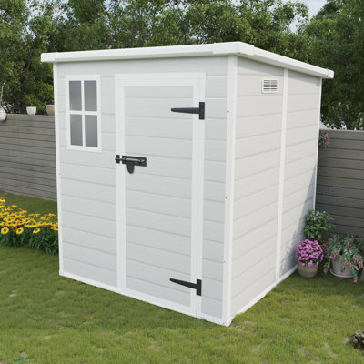 Remise de rangement en résine 6 x 6 pi, imperméable, avec plancher, évents, portes verrouillables pour le jardin, portes d'extérieur en polypropylène, évents, pelouse, jardin, cour