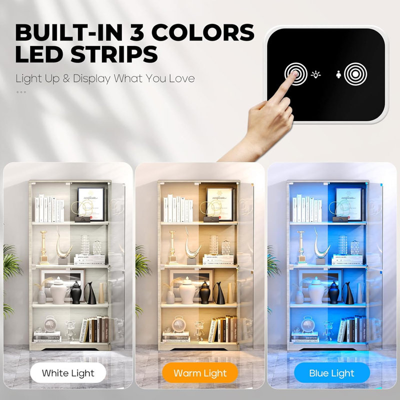 Gray 4-Tier Display Cabinet with Glass Doors and LED Lighting