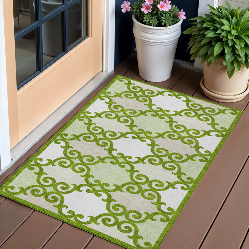Tapis extérieur lavable à motif de treillis vert lime et ivoire 3 pi x 5 pi