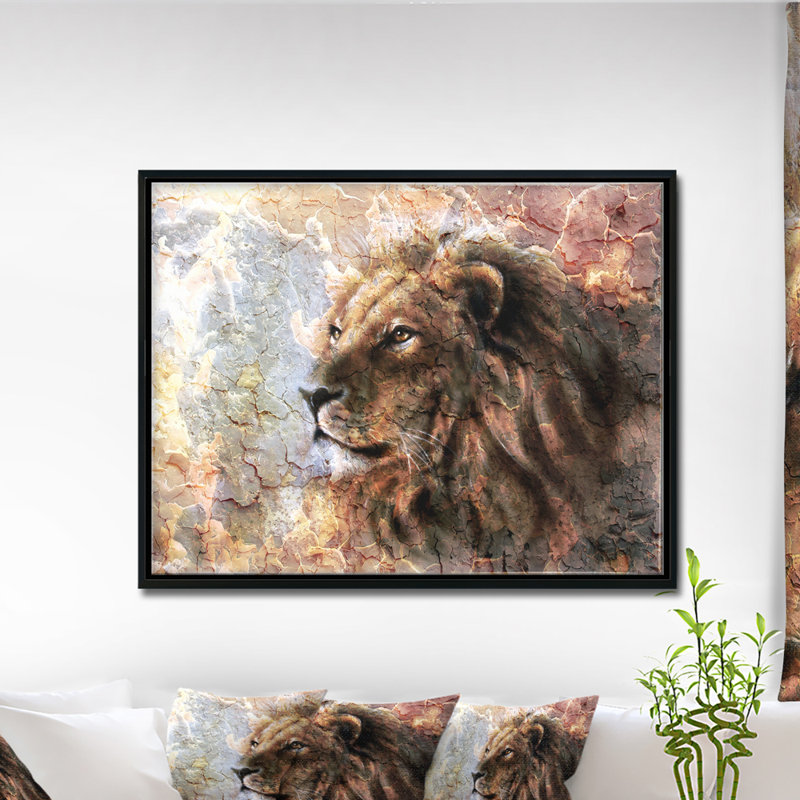 Animal, lion paisible sur toile - Lion paisible, H 36 po x l 46 po x P 1,5 po, Bois