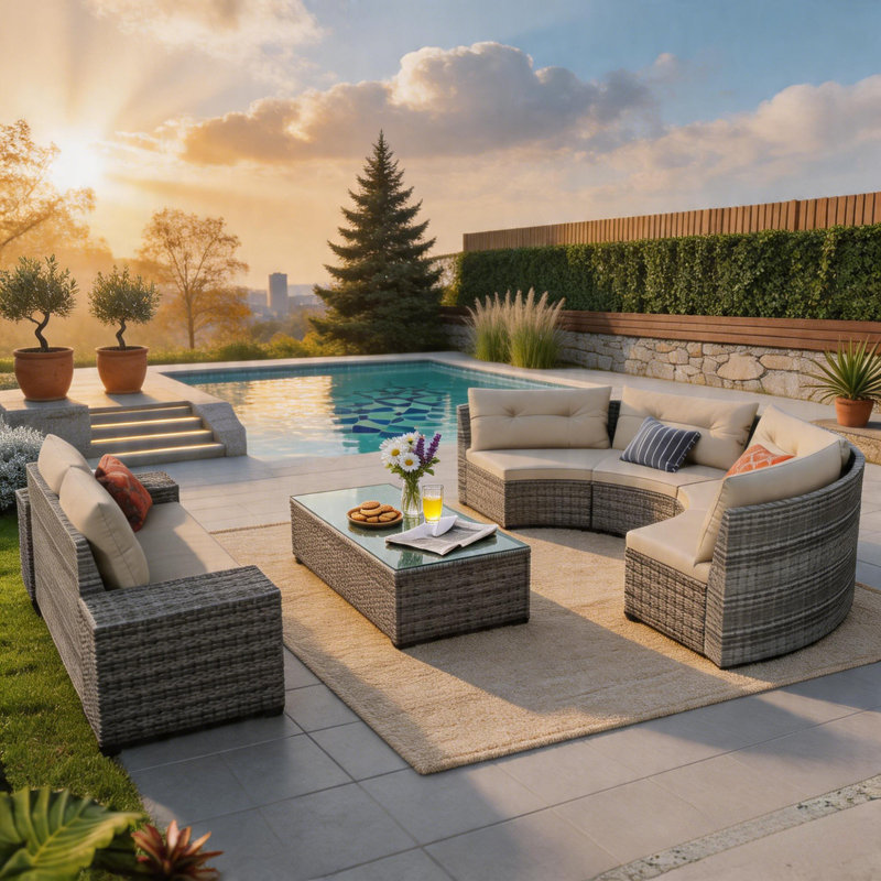 Ensemble modulaire de patio modulaire en osier courbé pour 6 personnes avec table basse pour cour, bord de piscine, Beige