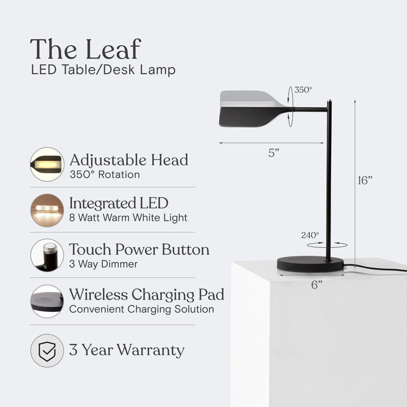 Leaf 16 in. Vintage Dimmable LED Reading Lamp with Wireless Charging Pad and Adjustable Lamp Head