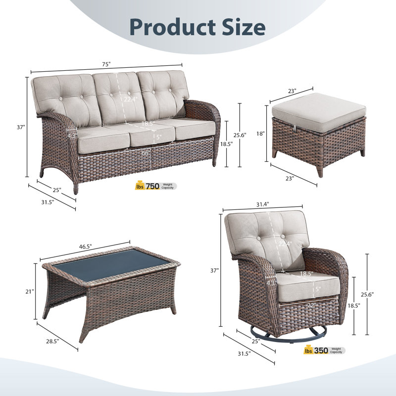 6-Piece Patio Furniture Set, All-Weather Outdoor Seating Set With Swivel Glider Chairs & Ottomans, Beige