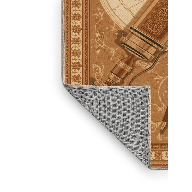 Machine Washable Parnika Telescope Constellation View Classic Oriental Rug in Brown – Beige Binding, 5x8