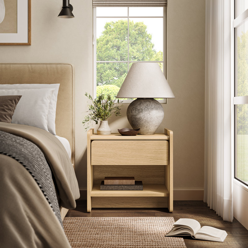 Scandinavian Nightstand with Drawer and Open Shelf, Oak Wood Bedside Table with Tray Top, 19.09" H x 19.69" W x 15.16" D