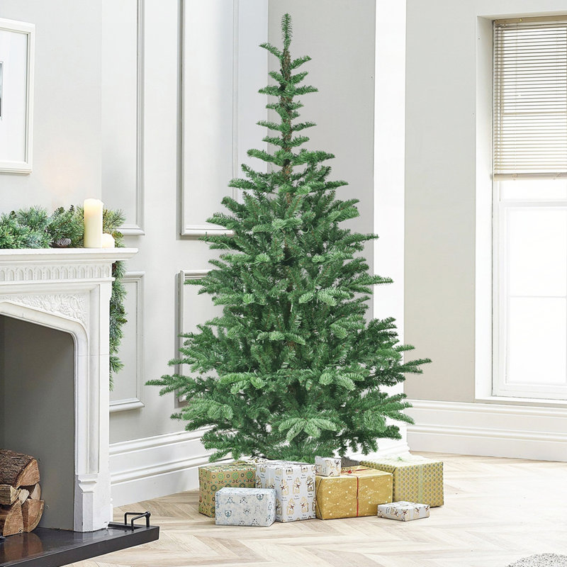 Arbre de Noël 8 pi avec 500 lumières DEL blanc chaud, 1307 pointes en PVC PE, aspect réaliste en couches, base en bois unique pour une décoration festive