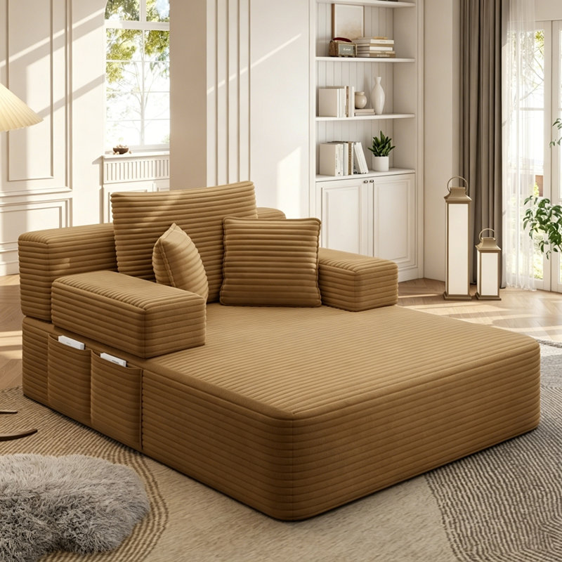 Chaise longue en velours côtelé luxueux avec 3 coussins, canapé-lit convertible et poche de rangement, Corduroy+Camel
