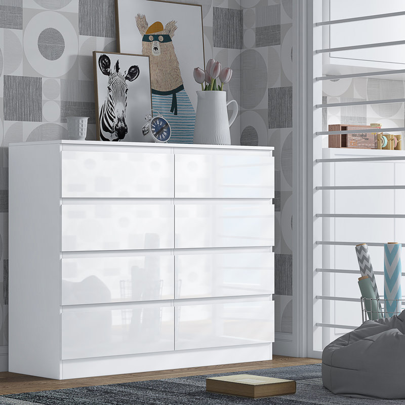 Warren 8 Drawer Chest Of Drawers: 110cm Wide. 14cm Deep Drawers. 4 + 4 Configuration. High Gloss Front. Scratch Resistant. Modern No Handle Design.