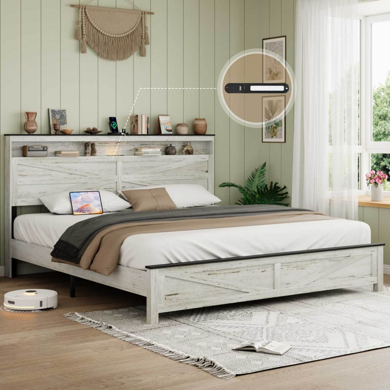 Très grand lit avec tête de lit en bois et espace de rangement caché, sans sommier tapissier, blanc, Très grand lit