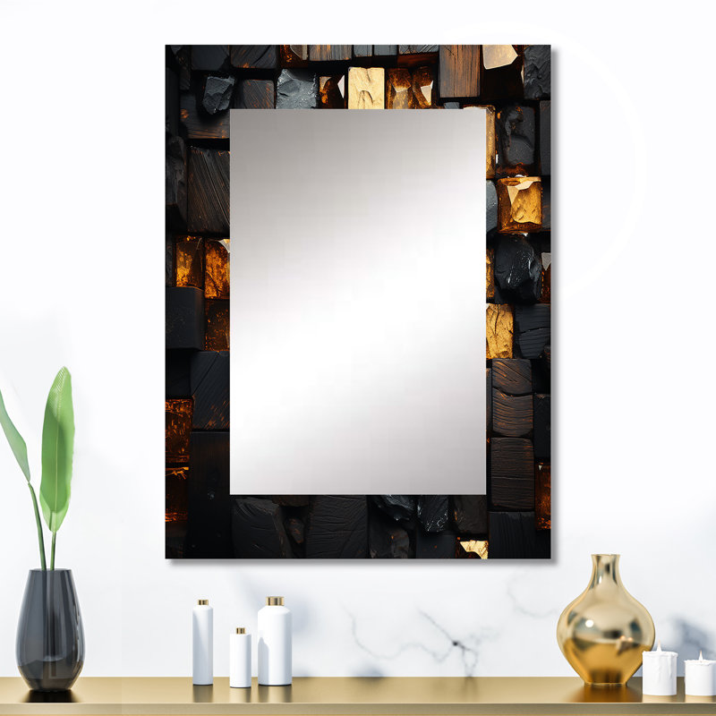 Grunge Gold Cubes Abstract Geometric III - Geometric Wall Mirror, Modern Decorative Mirror, Printed Metal Art, 32" x 24"