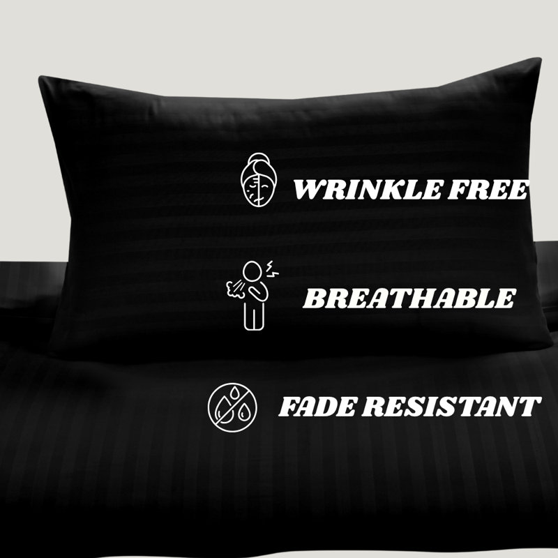 luxury Microfiber Satin Stripe Duvet cover set with 2 pillow cases , Double Duvet Cover + 2 Standard Pillowcases, Black