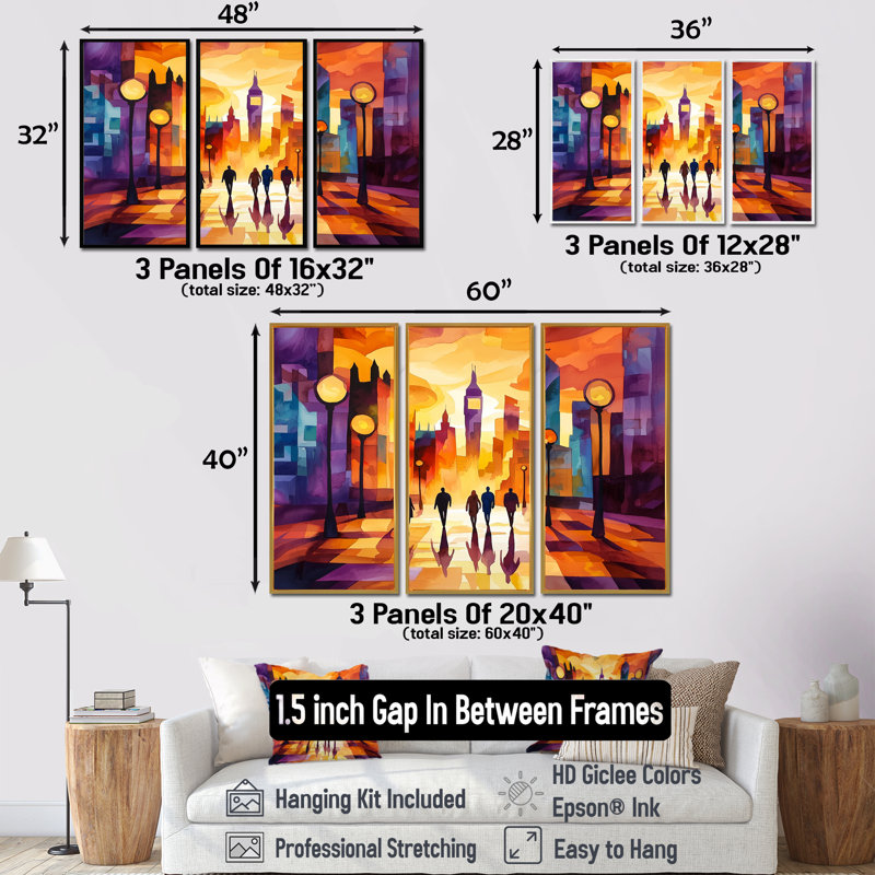 «London's Sunset City Views I - City London», ensemble de reproduction d'art mural, H 32 po x l 48 po, Blanc