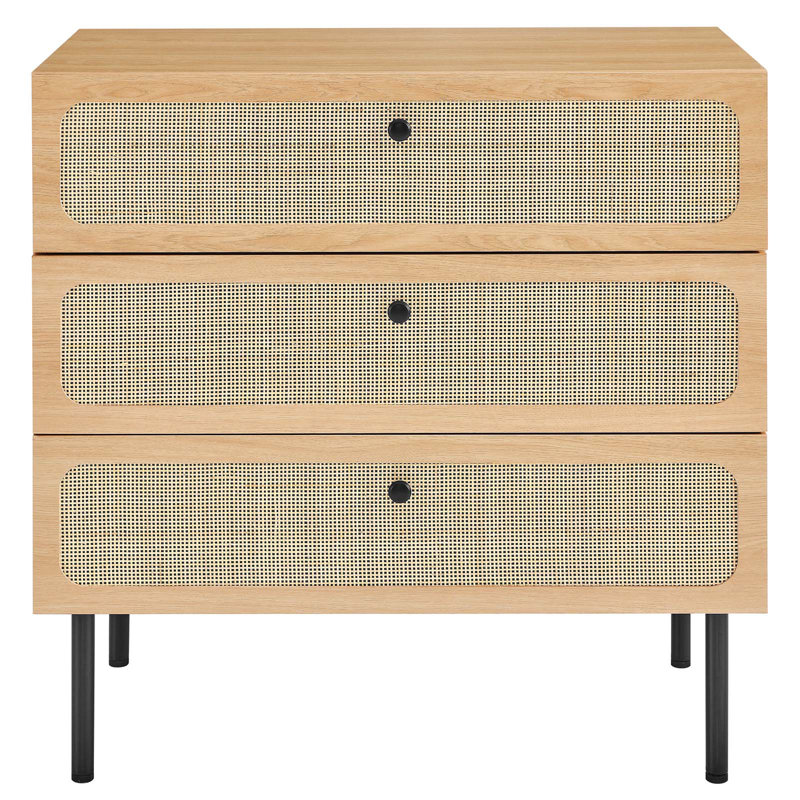 Oak and Black 3-Drawer Chest with Rattan Fronts