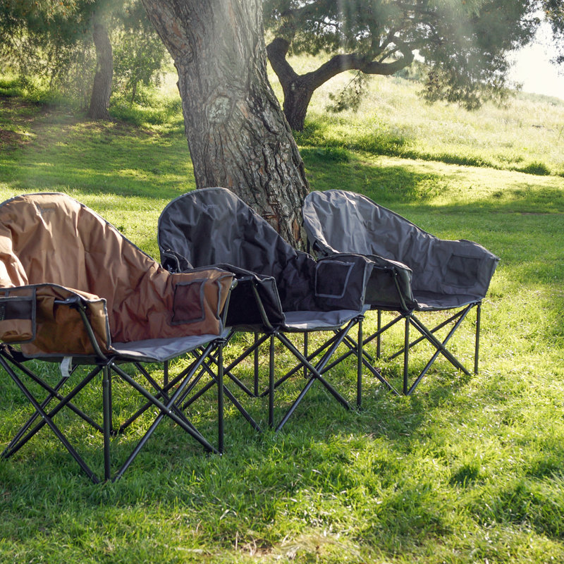 Oversized Charcoal Black Padded Folding Camping Chair with Cup Holder