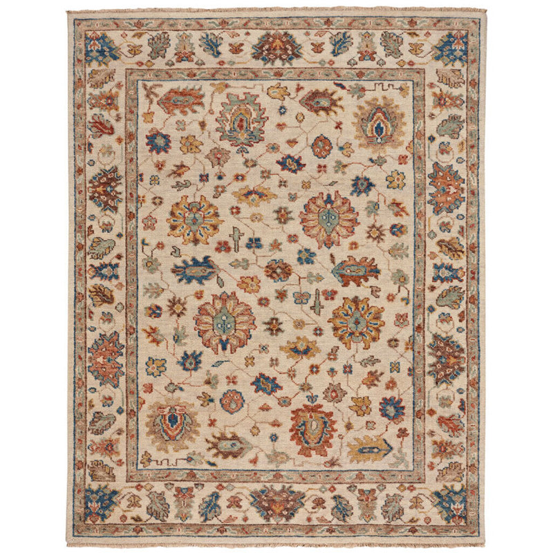 Charleigh-Chobi Oriental Hand-Knotted Wool Cream Ivory Blue Red Area Rug, Rectangle 3' x 5'